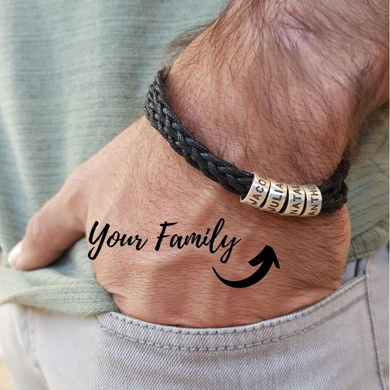 Leather Braided Bracelet Men Bracelets Personalized 2 Names 2 Beads Gift For Dad