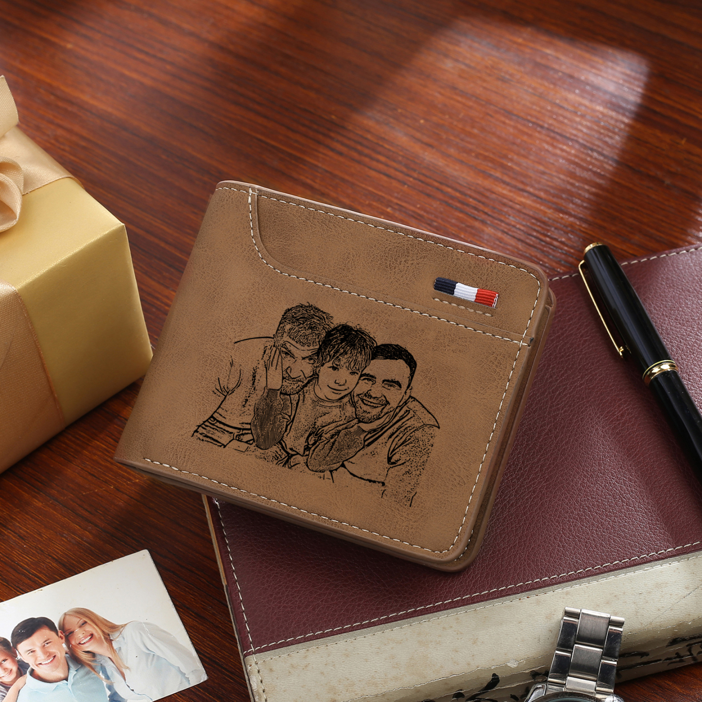 3-Names Personalized Leather Men's wallet With Card Slot Engraved With Name And Photo For Papa As a Father's Day Unique Gift