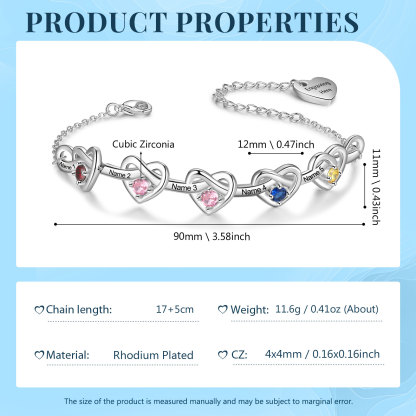 5 Names-Personalized Linked Heart Bracelet With 5 Birthstones Engraved Names And Text Bangle For Her
