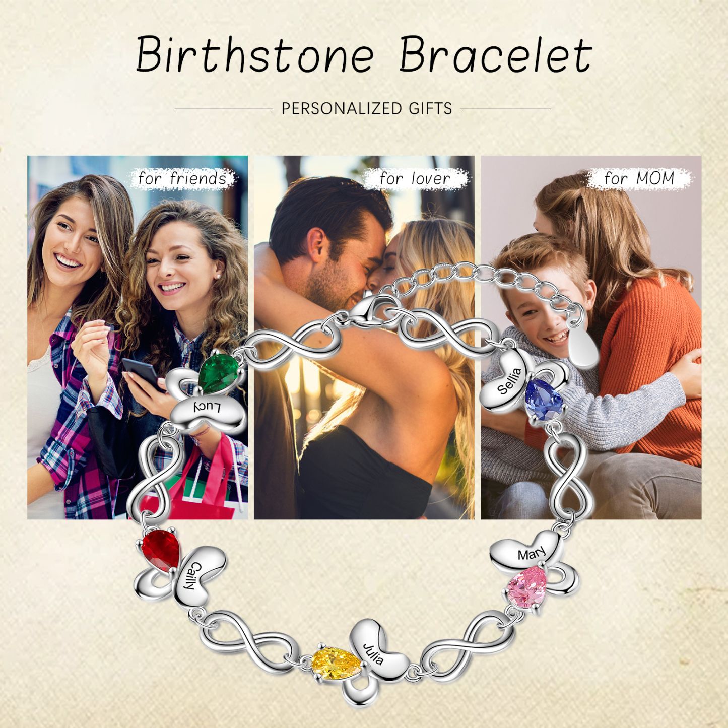 Personalized Butterfly Bracelet With 5 Birthstones Custom Names Bracelet Gift For Women