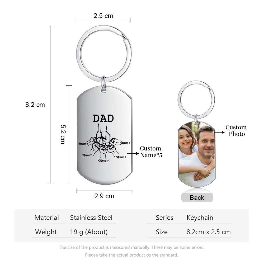 5 Names - Personalized Fist Pendant Keychain Gift Set - Customized Photo Special Gift for Dad