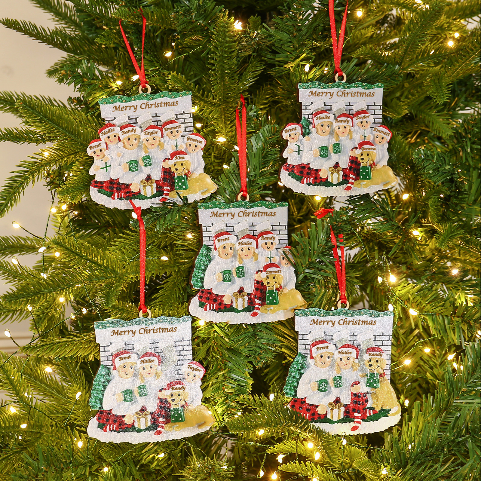5 Names-Personalized Family Wooden Christmas Xmas Tree Decoration Ornament with Dog-Custom 5 Names Hanging Ornament Gifts For Family