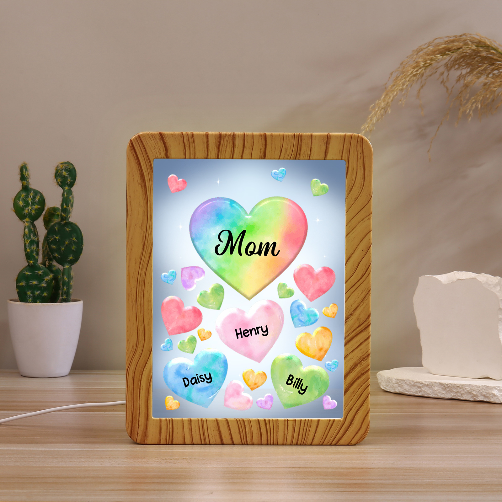 3 Names - Personalized Mom Home Wood Color Plug-in Mirror Photo Frame Custom Text LED Night Light Gift for Mom