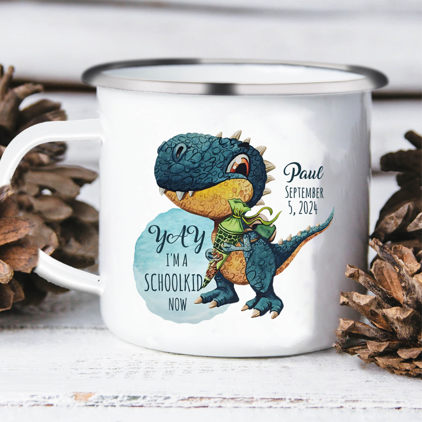 Back to School Gift Set -Personalized Gift Customized Name and Date Enamel Mug and Pueple Dinosaur Pencil Case and Dinosaur Bracelet Set - Gift for Kids
