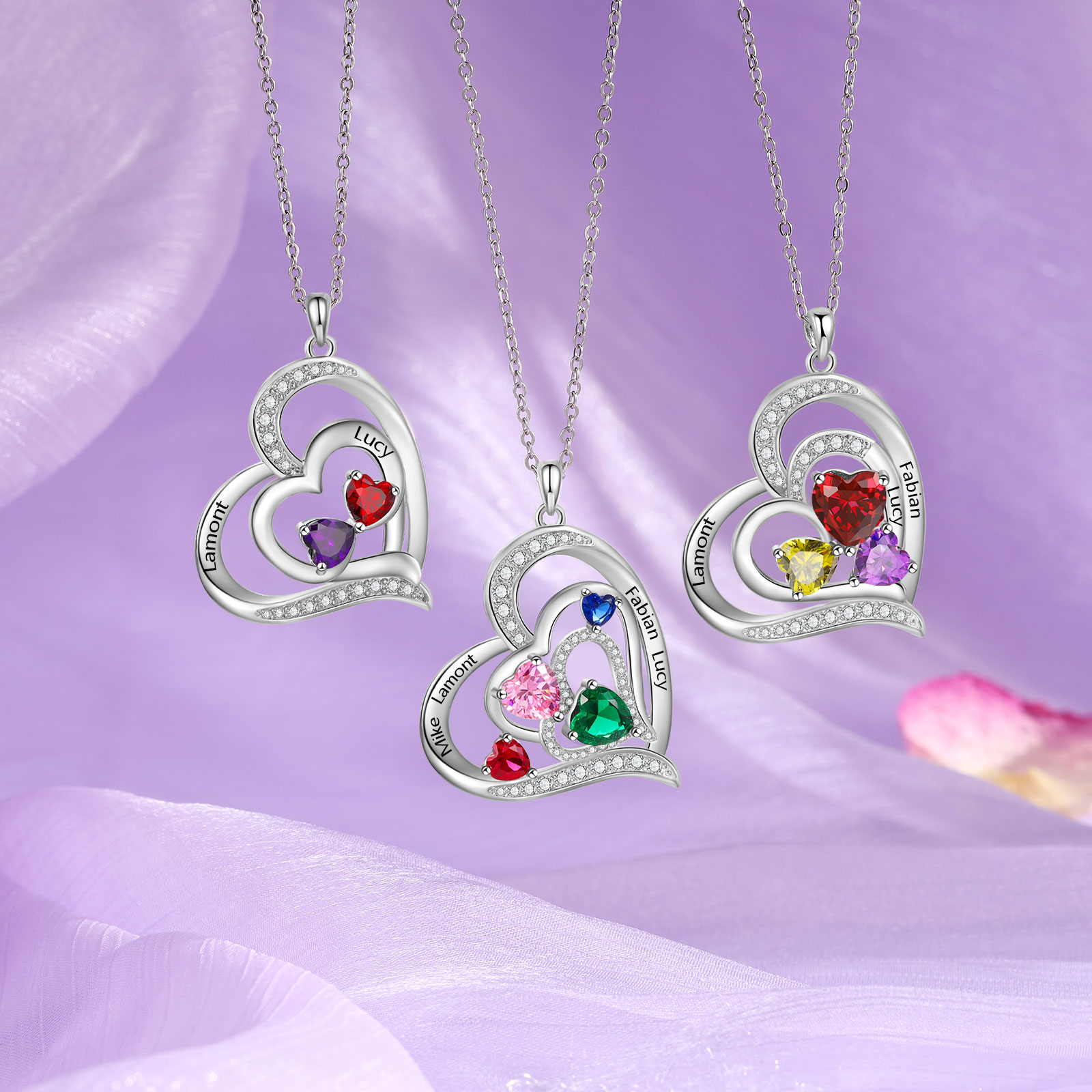 4 Names - Personalized Heart Necklace with Customized Names and Birthstone Gift for Her