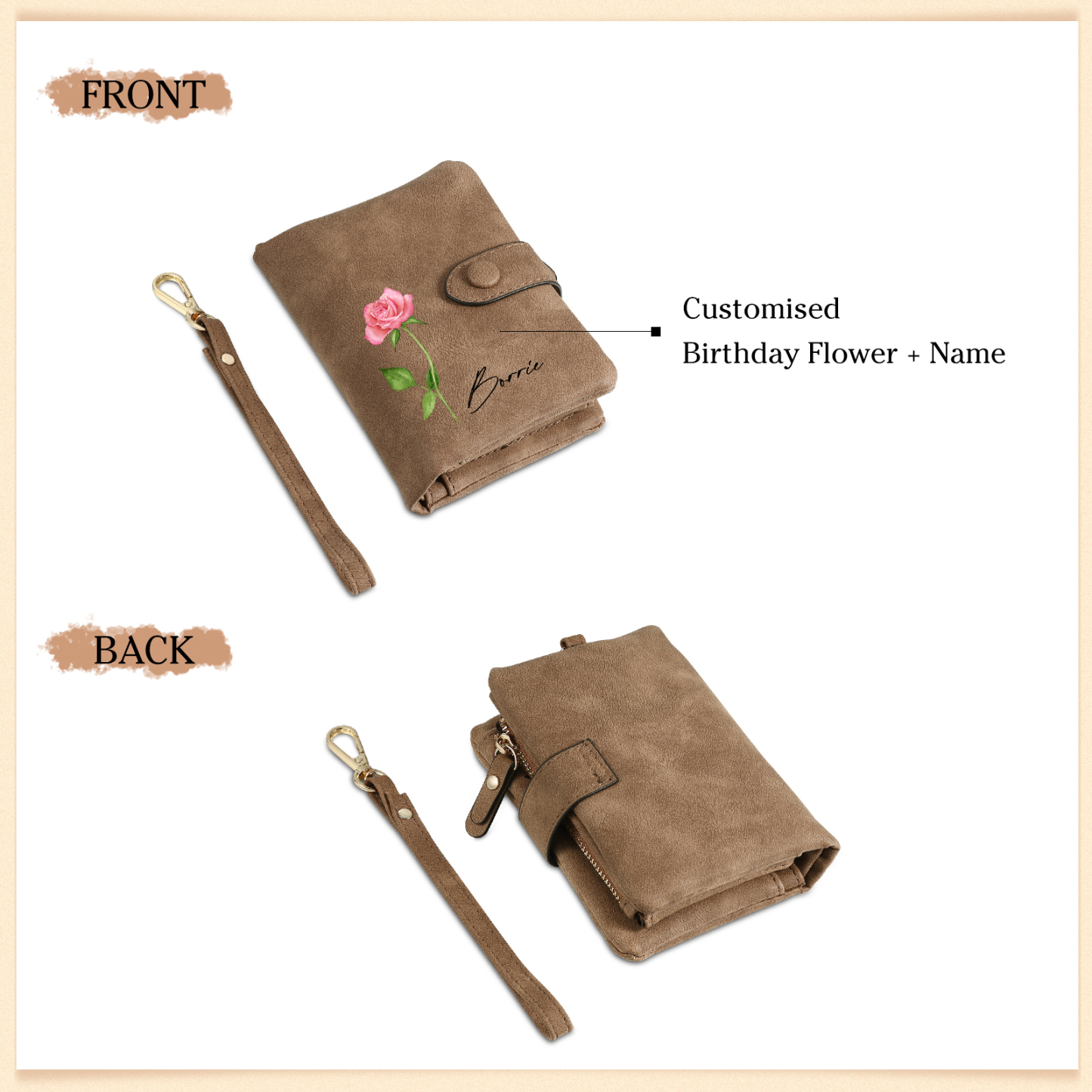Brown Color Personalized Birthday Flower Leather Wallet Engraving Name Wallet Gifts for Women