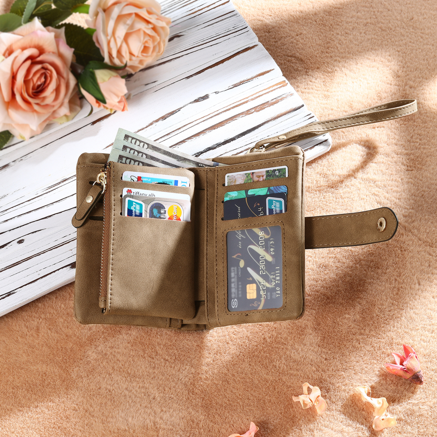 Brown Color Personalized Birthday Flower Leather Wallet Engraving Name Wallet Gifts for Women