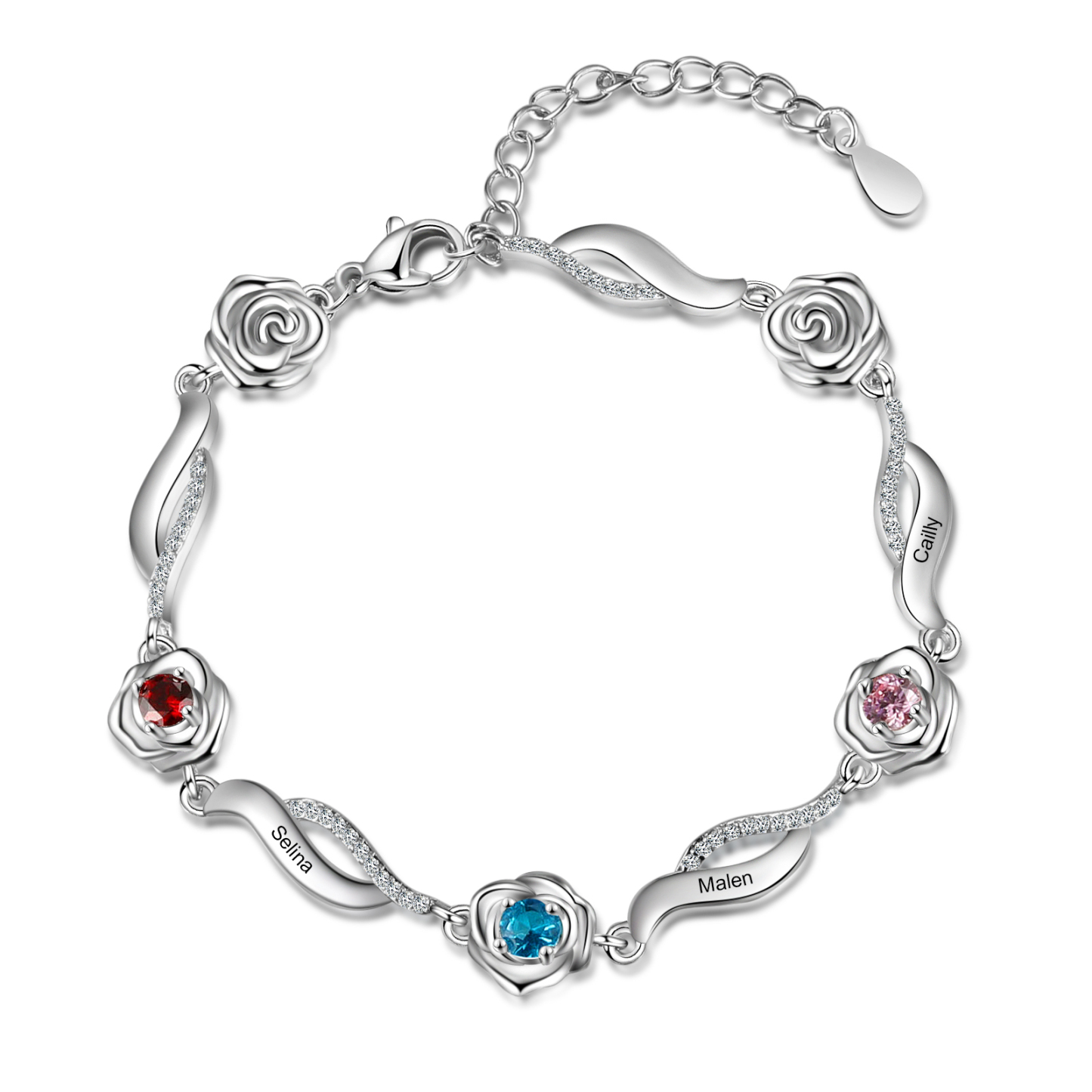 3 Names-Personalized Rose Bracelet With 3 Birthstones Set With Gift Box Custom Names Bracelet Gift For Women