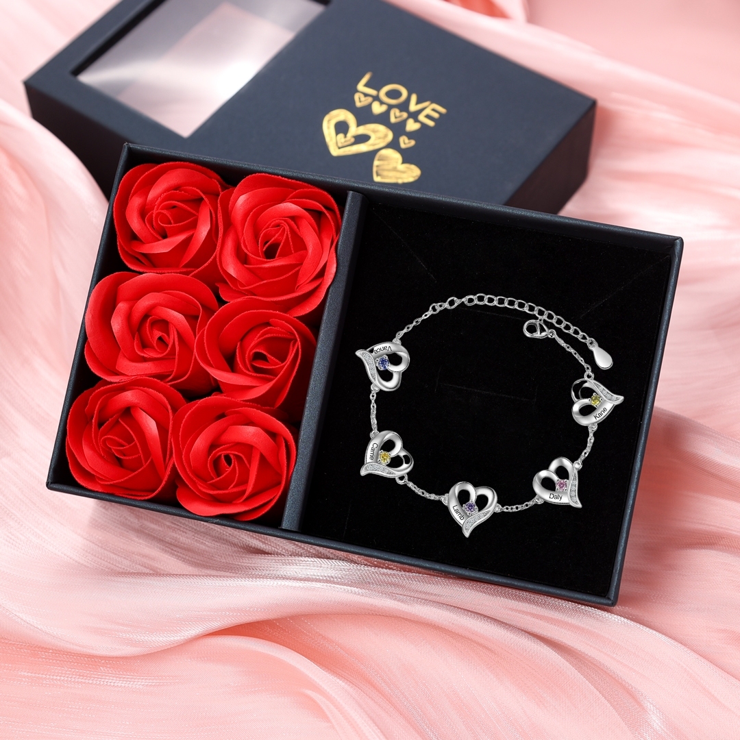 5 Names-Personalized Heart Bracelet With 5 Birthstones Bangle Engraved Names Bangle For Her