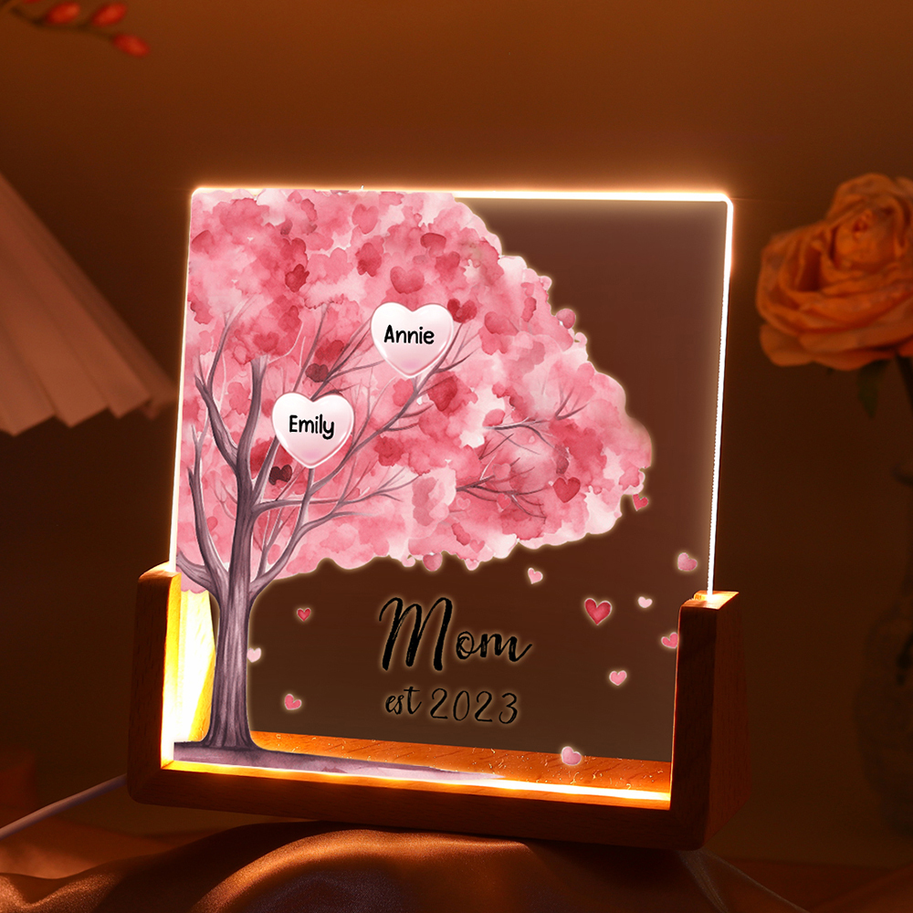 2 Names - Personalized Sakura Tree Night Light with Custom Text And Date LED Light, Gift for Mom