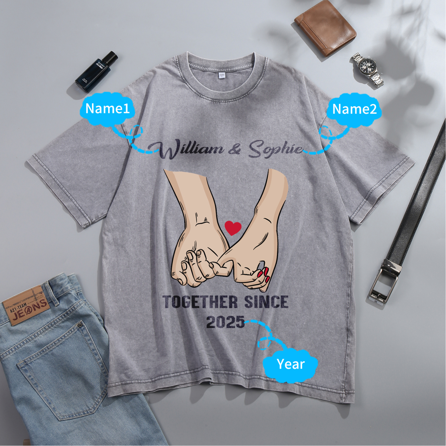 Personalised Couple T-Shirt – with Custom 2 Names and 1 Date, Hand-in-Hand Graphic – "TOGETHER SINCE" | Valentine’s Day Gift for Him/Her | Jessemade