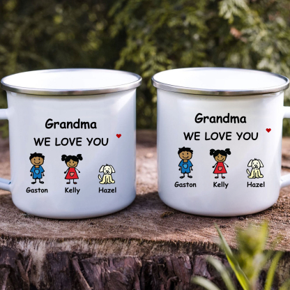 Personalized Enamel Cup Grandma We Love You Gift with Cartoon Characters Pets | Jessemade