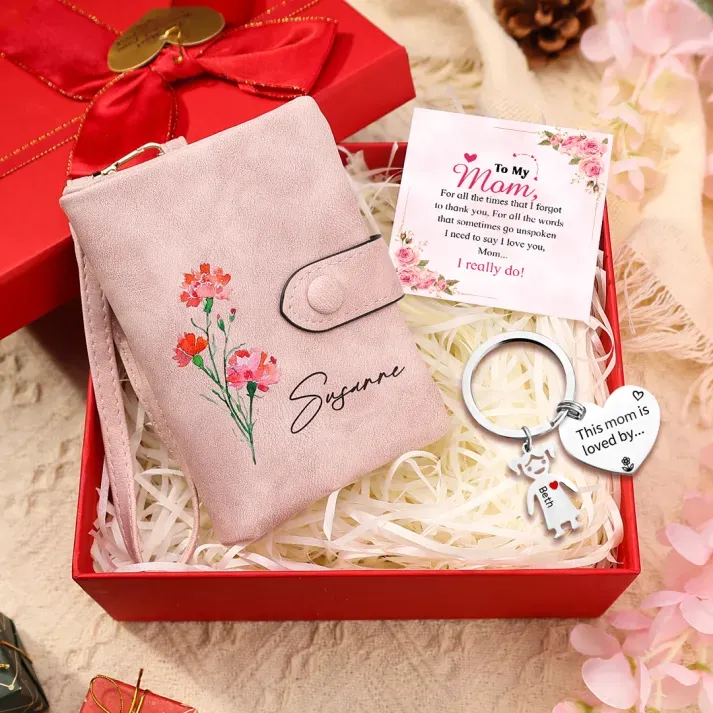 Personalized Women Wallet Gift Set Custom 1 Name & Birthflower Wallet 1 Children Keychain Gift Box Set Christmas Gifts | Jessemade