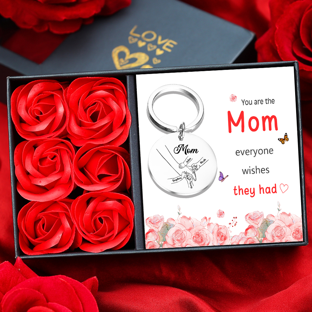 4 Name Personalized Pendant Keychains, Set in Gift Box, Engraved with Name, Special Gift for Mom