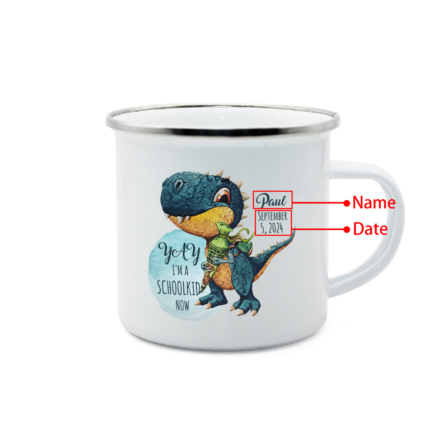 Back to School Gift Set -Personalized Gift Customized Name and Date Enamel Mug and Pueple Dinosaur Pencil Case and Dinosaur Bracelet Set - Gift for Kids