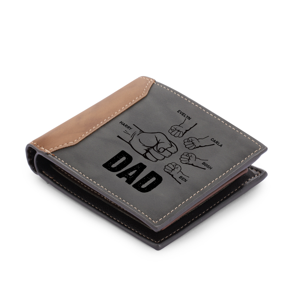 5 Names - Personalized Fist Bump Photo Custom Leather Men's Wallet wITHas a Father's Day Gift for Dad
