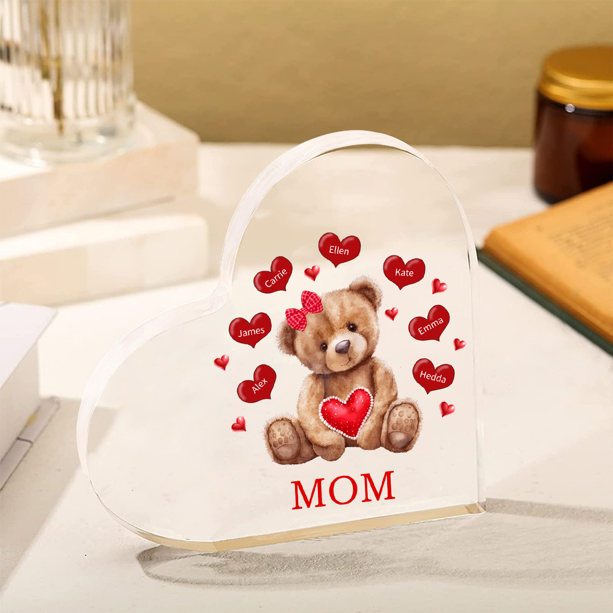 Customized 1-10 Care Bear Names Acrylic Heart-shaped Decorative Brand Plaque Decoration for Mom