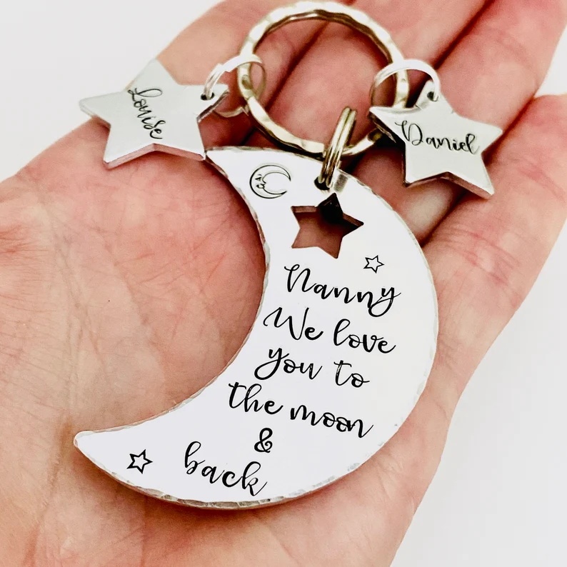 Personalized Nanny Keychain Custom 1 Name Moon and Star Keyring "we love you to the moon & back" for Her