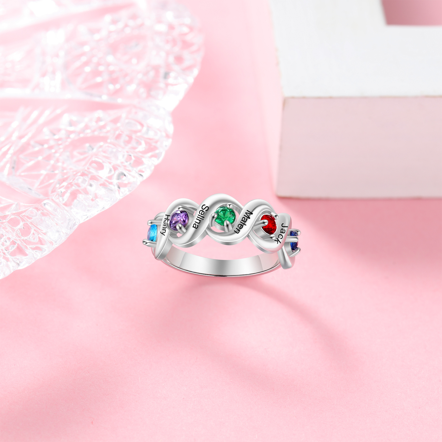 Personalized Ring With 5 Birthstones Engraved Names Ring Gift For Women