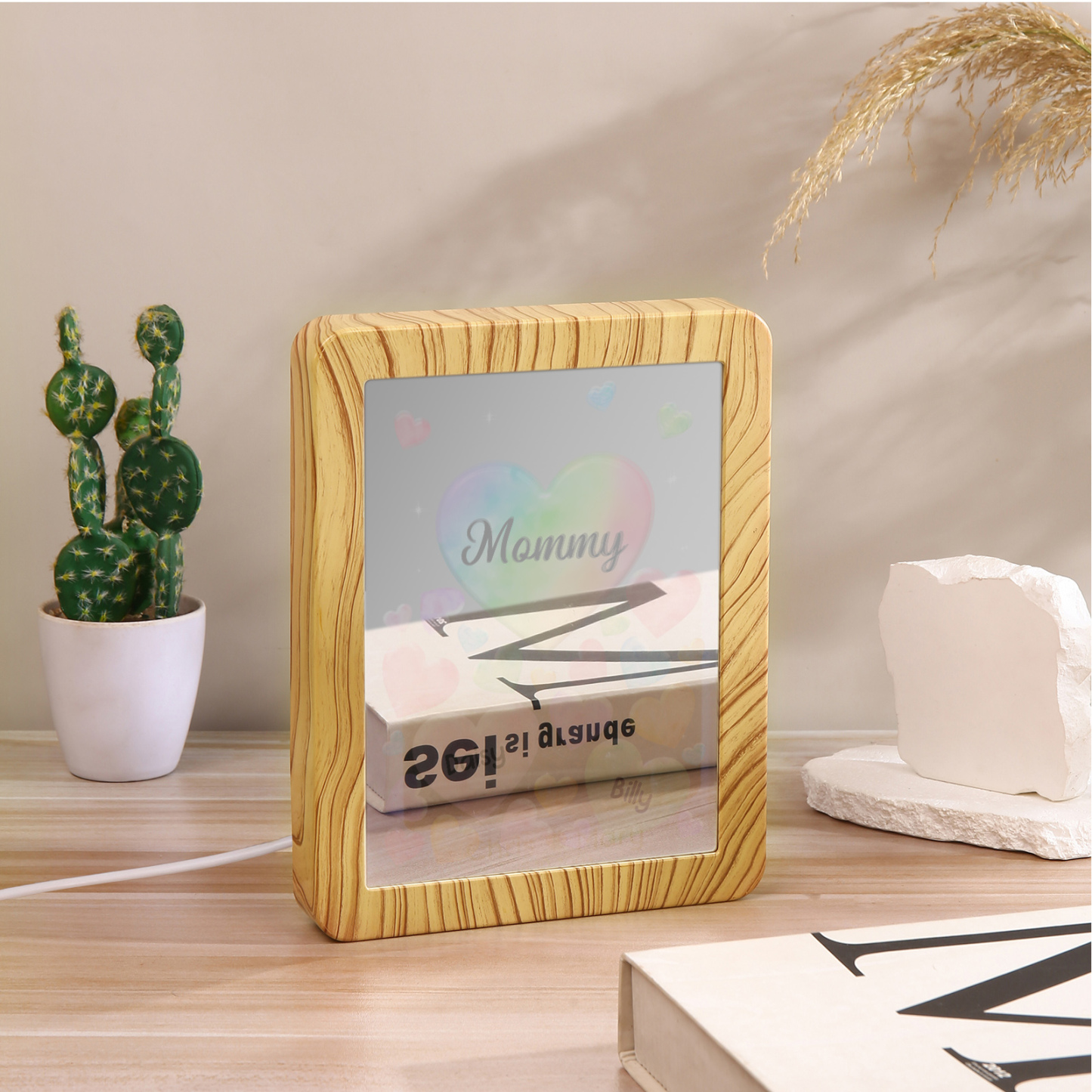 2 Names - Personalized Mom Home Wood Color Plug-in Mirror Photo Frame Custom Text LED Night Light Gift for Mom