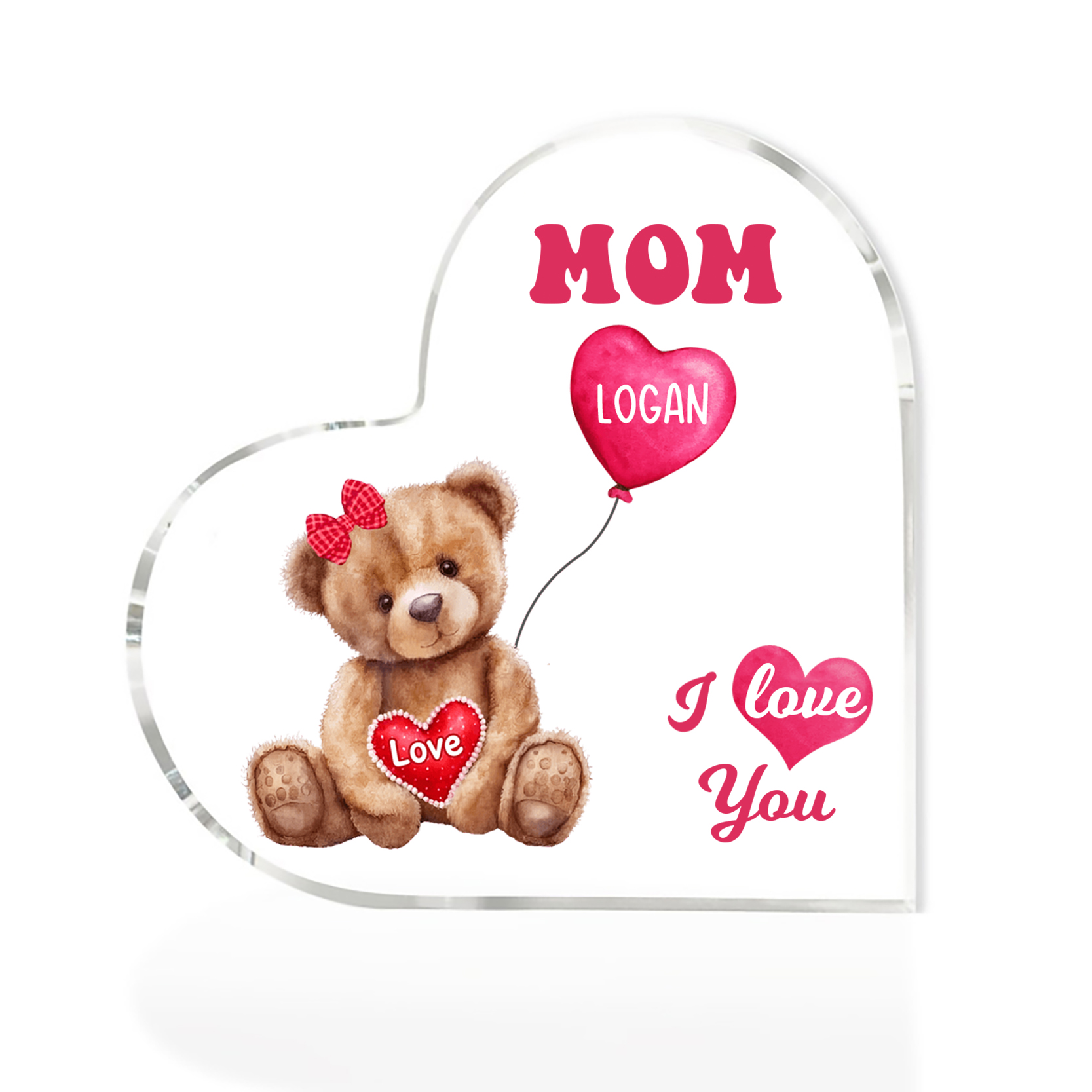 1 Name-Personalized Bear Acrylic Heart Keepsake Custom Text Acrylic Plaque Ornaments Gifts for Mum