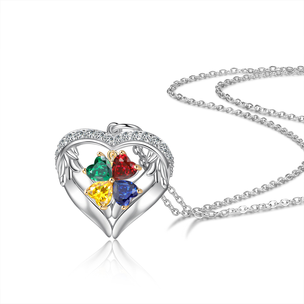 Personalized Wings S925 Silver Necklace With 4 Heart Birthstones Engraved Names Gift For Women