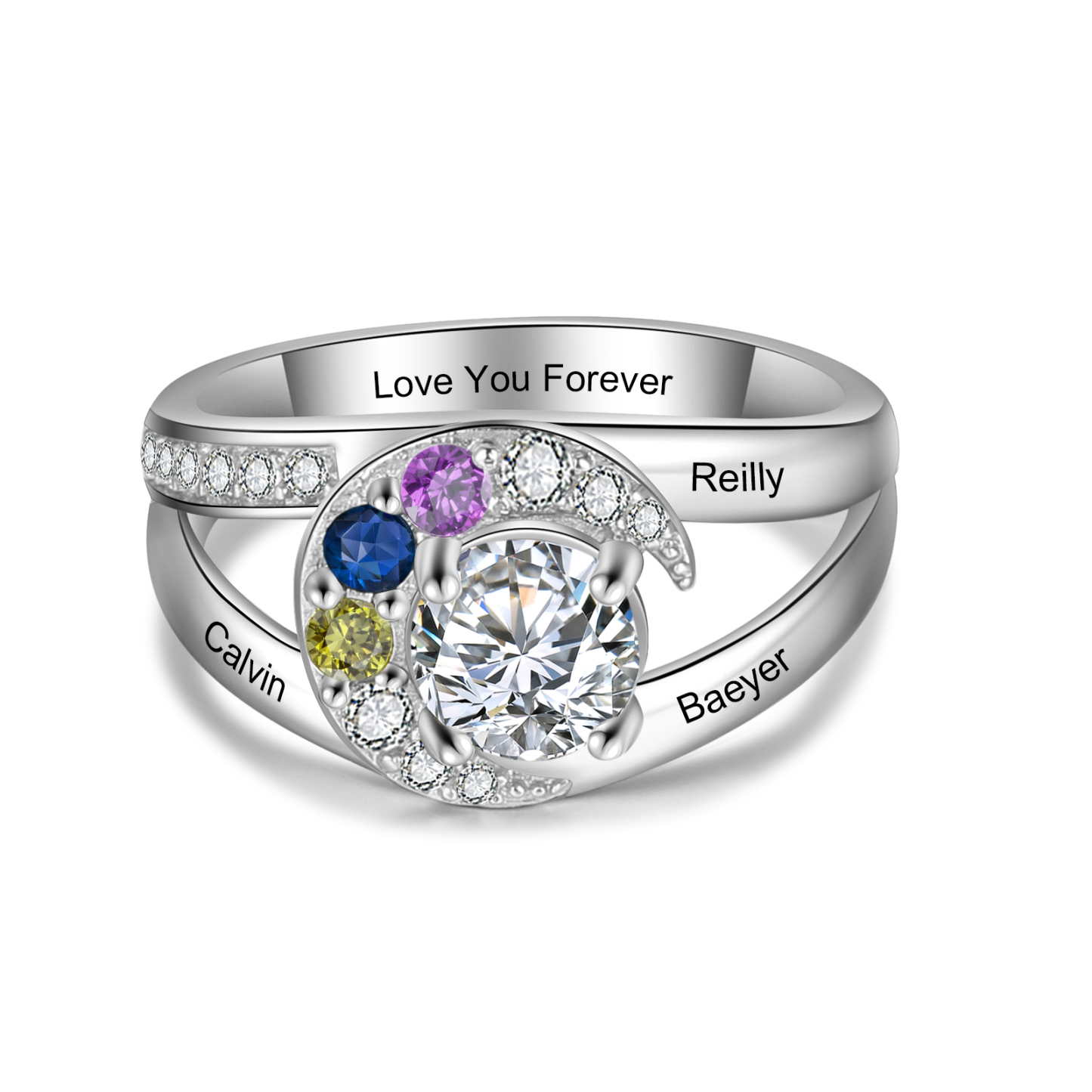 Personalized Moon Star Ring With 3 Birthstones Custom Names Best Gift For Women