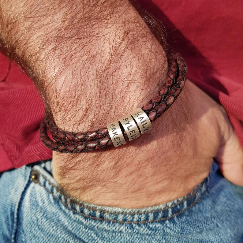 Leather Braided Bracelet Men Bracelets Personalized 2 Names 2 Beads Gift For Dad