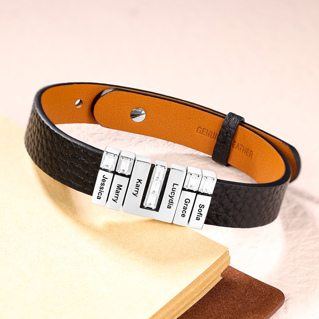 Customized Leather Bracelet with Beads Engraved 4 Names Bangle for Him