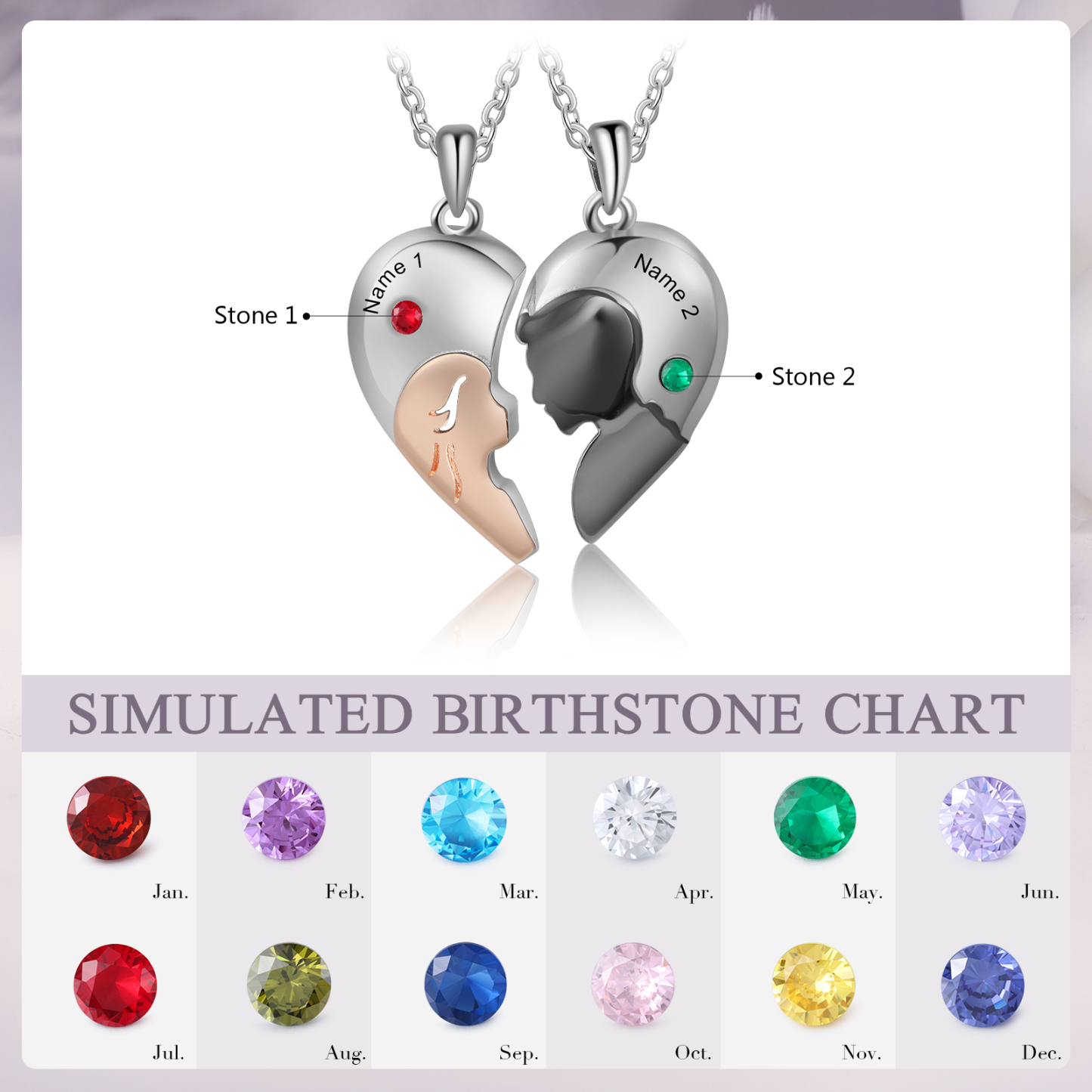 Custom 2Pcs Couple Birthstone Necklace, Customized Name Necklace Couple Gift