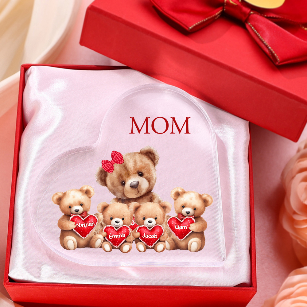 4 Names-Personalized Mum Acrylic Heart Keepsake Custom Text Love Teddy Bear Ornaments Gifts for Grandma/Mother