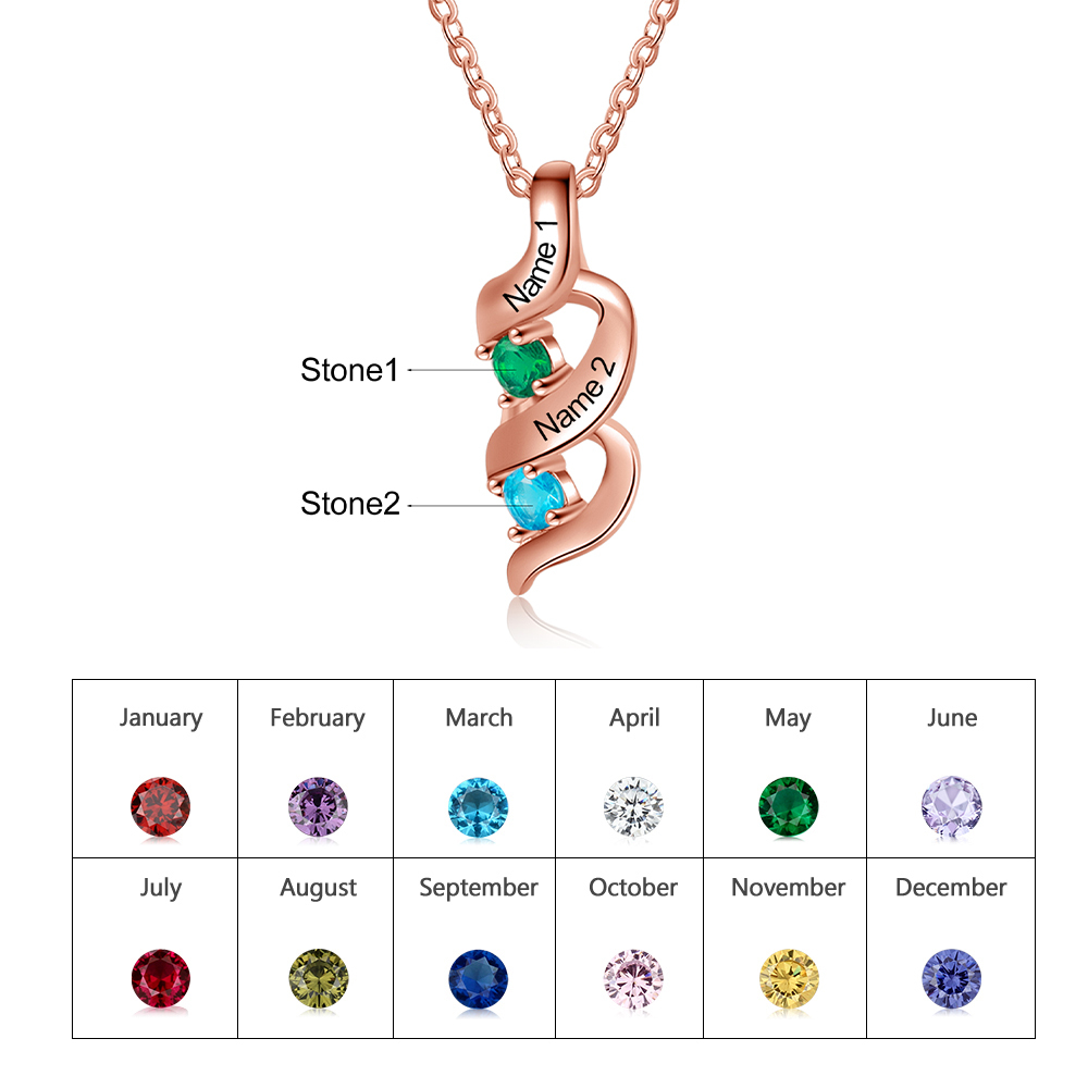 2 Names-Personalized Birthstones Necklace Set With Rose Gift Box-Custom Cascading Pendant Necklace Engraving 2 Names Gifts for Her