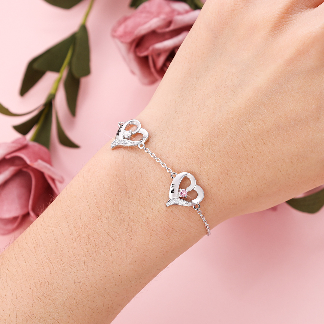 2 Names-Personalized Heart Bracelet With 2 Birthstones Engraved Names Bangle For Her