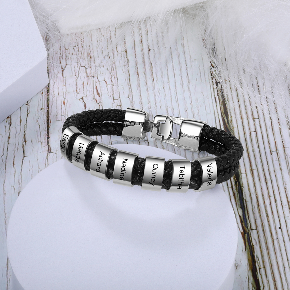 Customized Braided Leather Bracelet Engraved 8 Names Men's Bracelet Gifts For Him