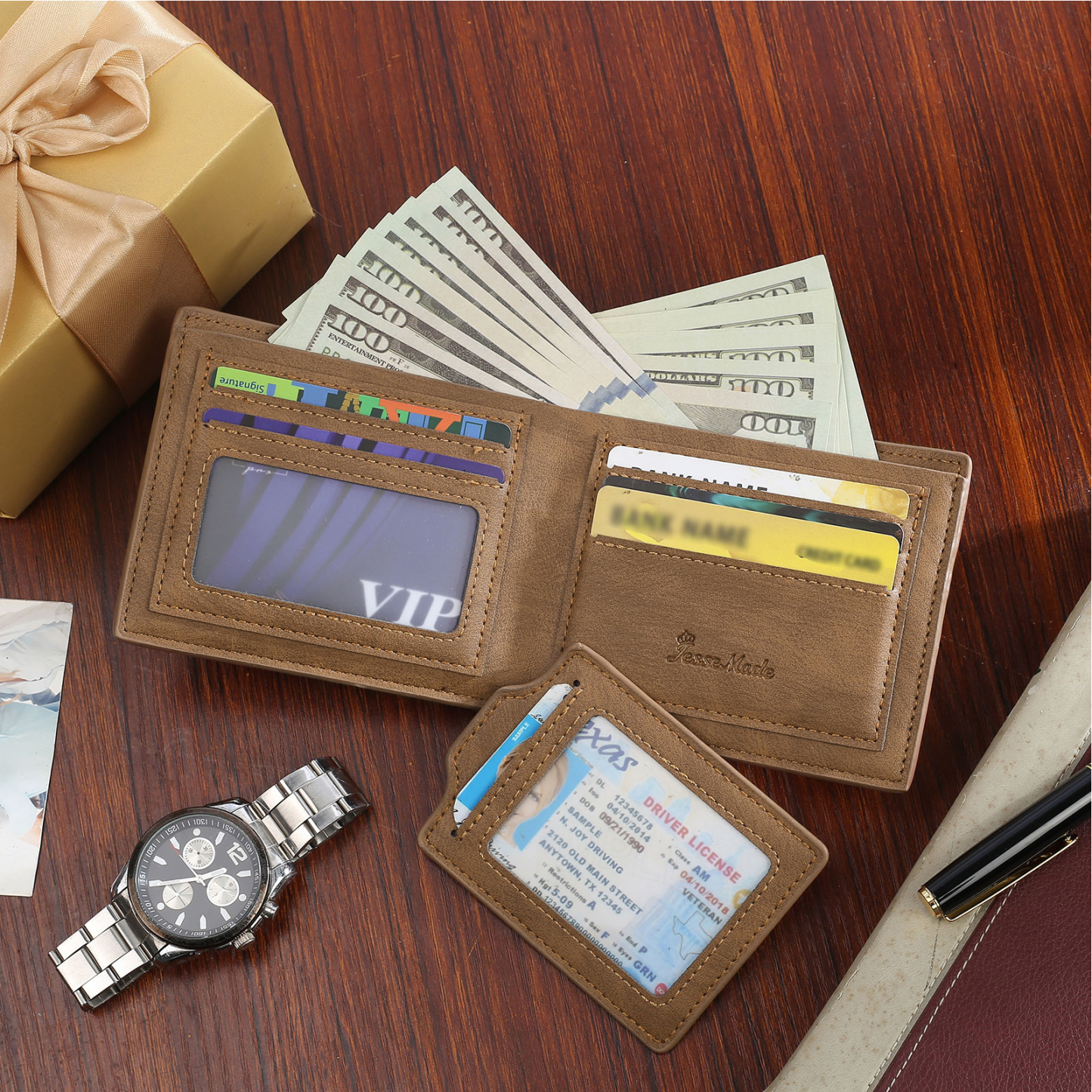 3 Names - Personalized Photo Custom Leather Men's Folding Wallet as a Father's Day Gift for Dad
