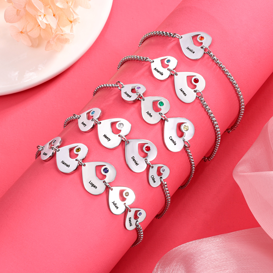1 Name-Personalized Heart Bracelet With Birthstones Set With Gift Box Custom 1 Name Family Bracelet Gifts for Her