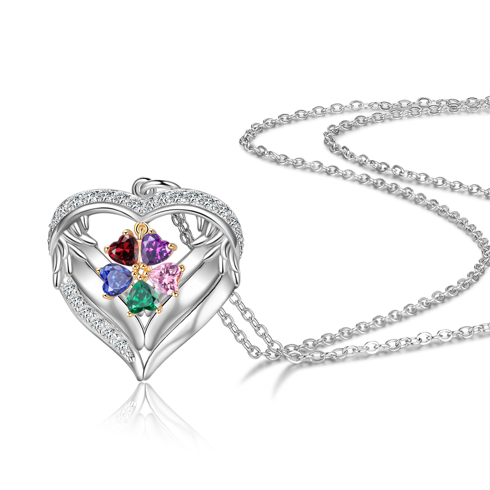 Personalized Wings S925 Silver Necklace With 5 Heart Birthstones Engraved Names Gift For Women