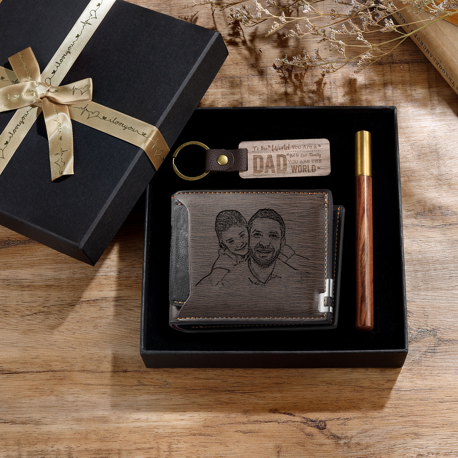Photo Personalized Leather Wallet Gift Box Set with Keychain Customizable Letter Name Wallet Gift for Dad