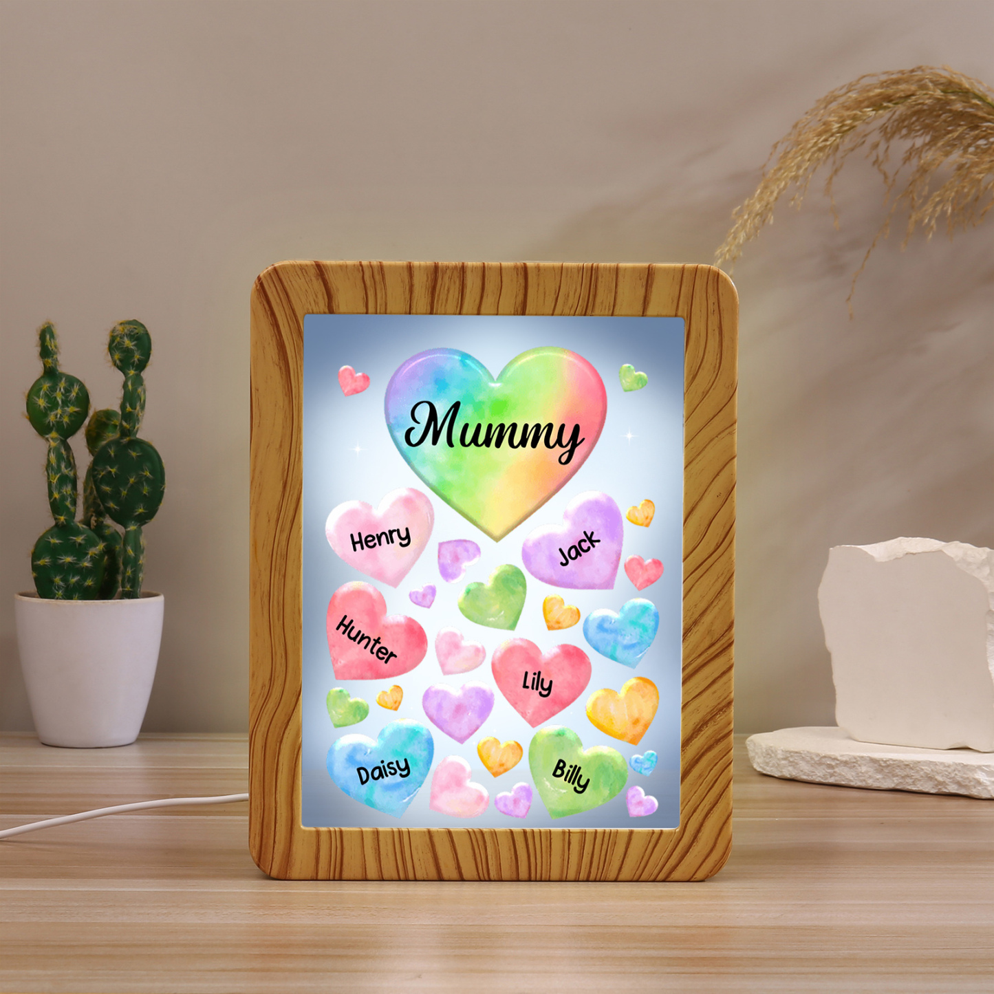 6 Names - Personalized Mom Home Wood Color Plug-in Mirror Photo Frame Custom Text LED Night Light Gift for Mom