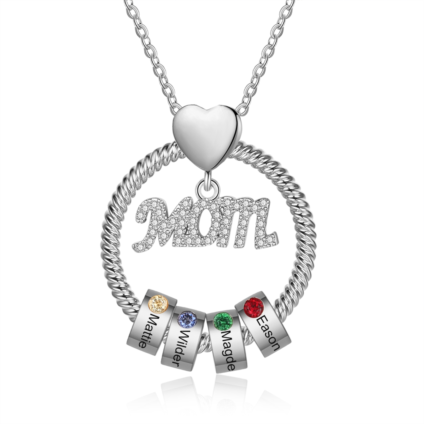 4 Names-Personalized Mom Necklace Set With Premium Rotating Rose Flower Gift Box-Custom Necklace With 4 Birthstones Engraved Names Gift For Mother