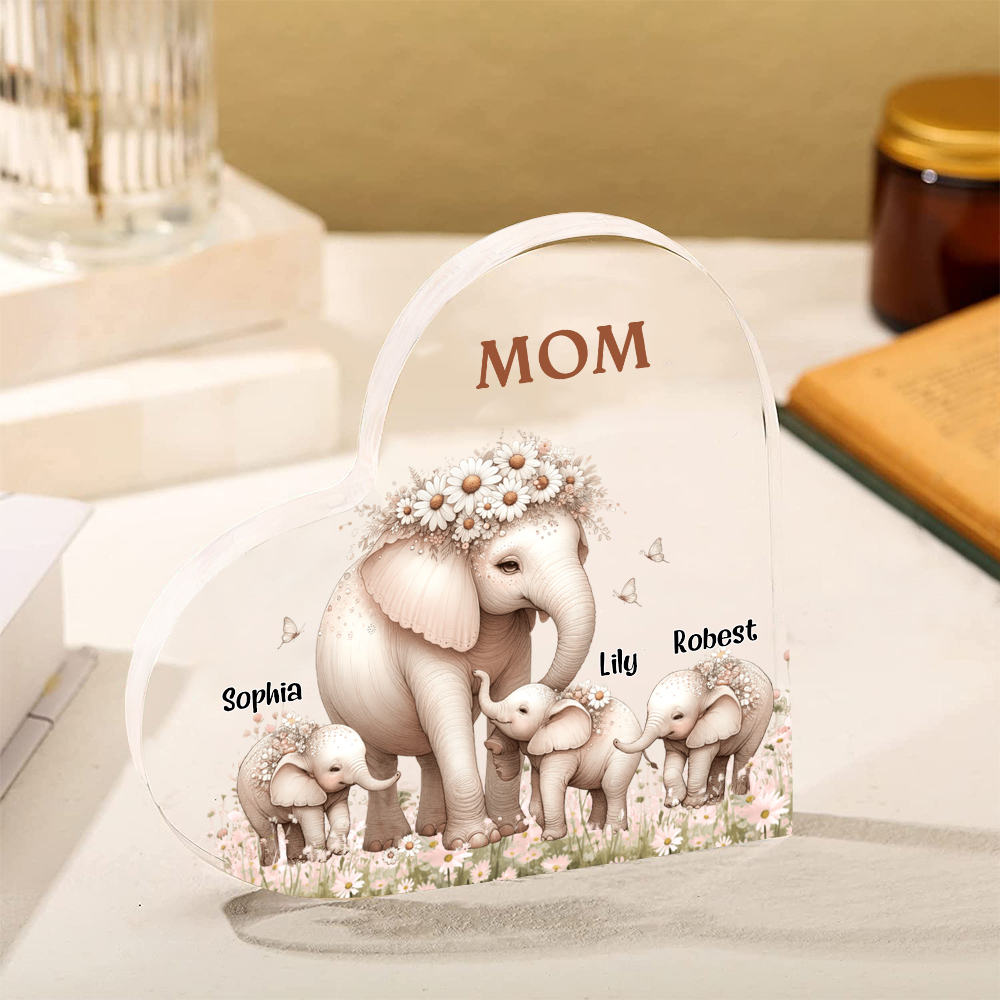 3 Names-Personalized Elephant Acrylic Heart Keepsake Custom Text Acrylic Plaque Ornaments Gifts for Mom