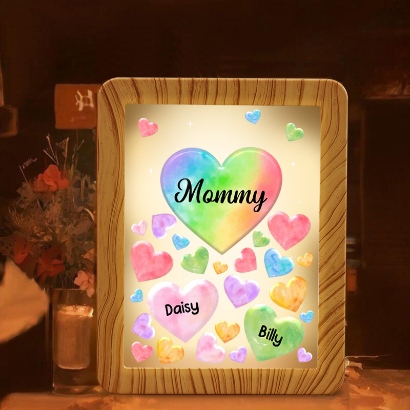 2 Names - Personalized Mom Home Wood Color Plug-in Mirror Photo Frame Custom Text LED Night Light Gift for Mom