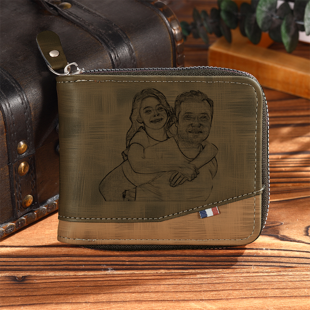 Photo Personalized Leather Zipper Men's Wallet Customized Name Letter Folding Wallet Three Colors Available with Gift Box for Dad