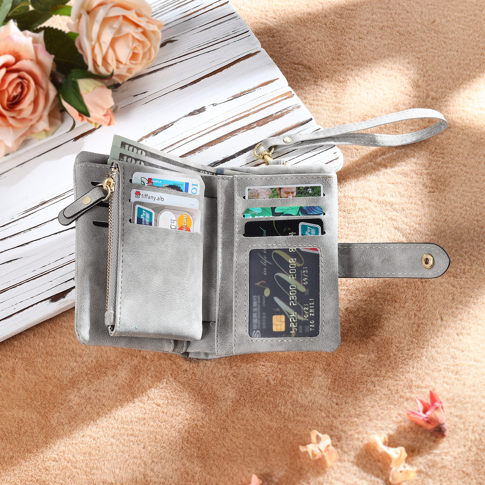 Gray Color Personalized Birthday Flower Leather Wallet Engraving Name Wallet Gifts for Women