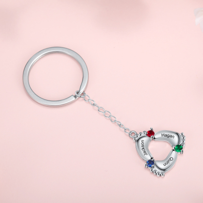 Personalized Baby Feet Keychain With 3 Birthstones Engraved names Keychain Gifts For Mother