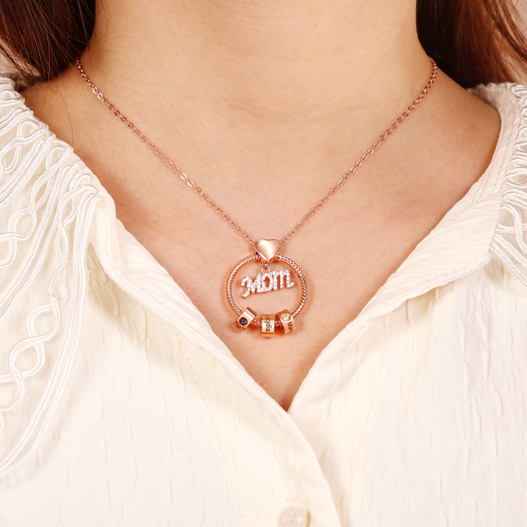 3 Names-Personalized Mom Necklace Set With Premium Rotating Rose Flower Gift Box-Custom Necklace With 3 Birthstones Engraved Names Gift For Mother
