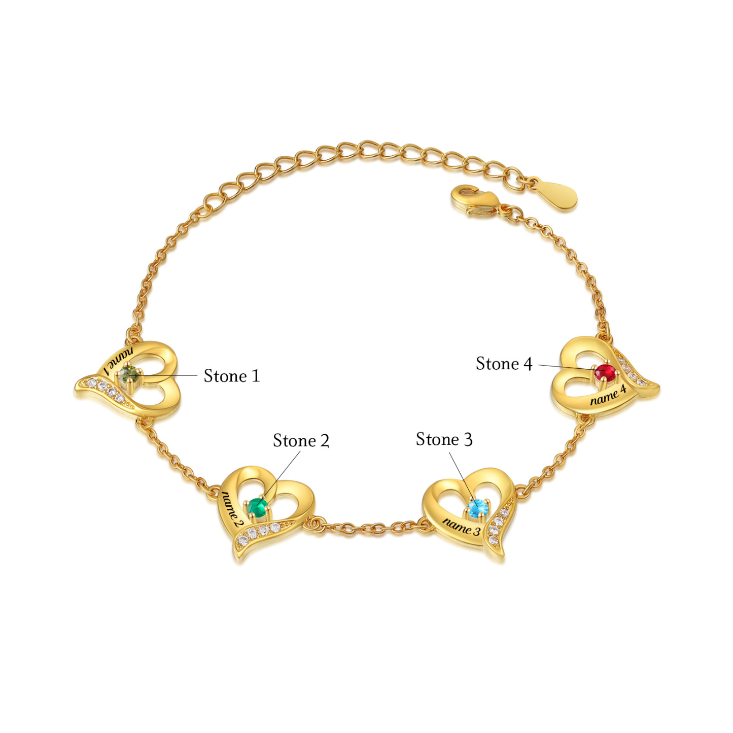 4 Names-Personalized Heart Bracelet With 4 Birthstones Engraved Names Bangle For Her