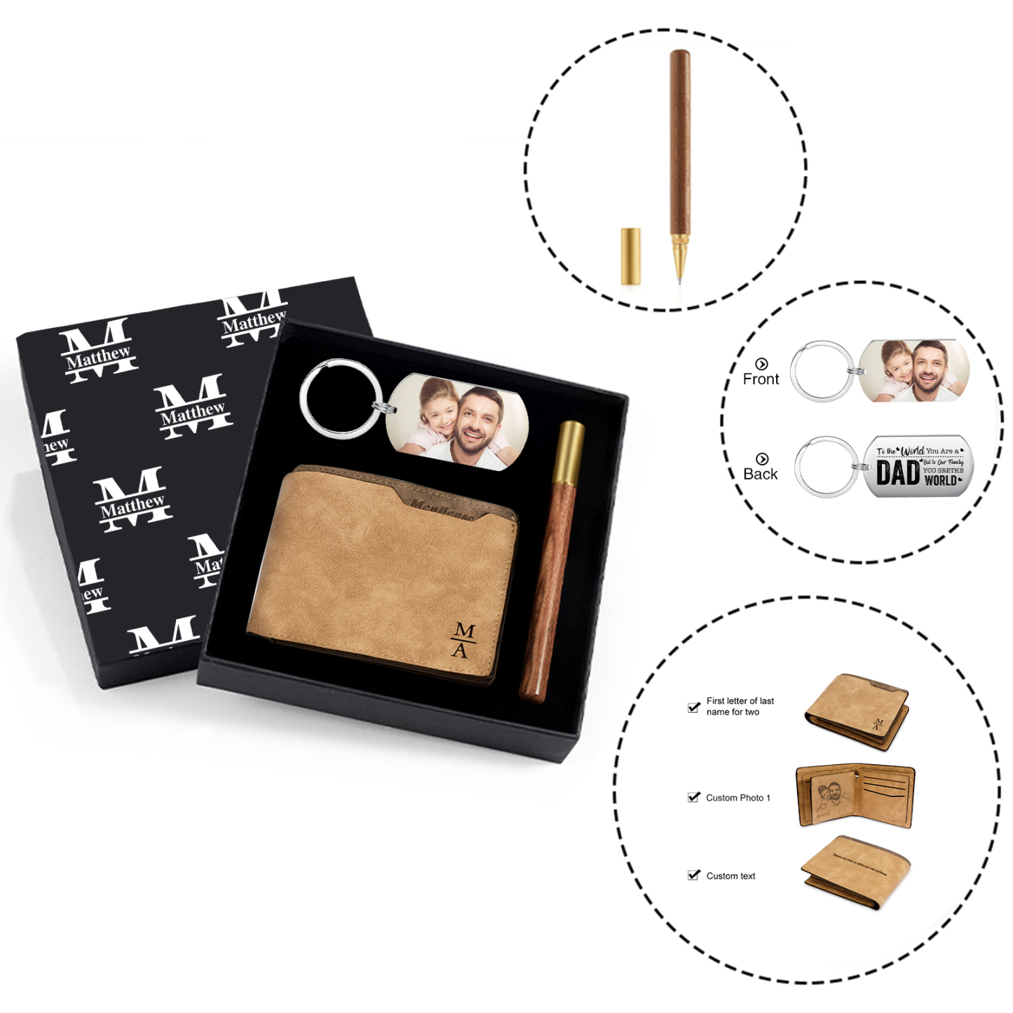 Photo Personalized Leather Wallet Gift Box Set with Keychain Customizable 1 Text 1 Name and 2 Letter Wallet Gift for Dad