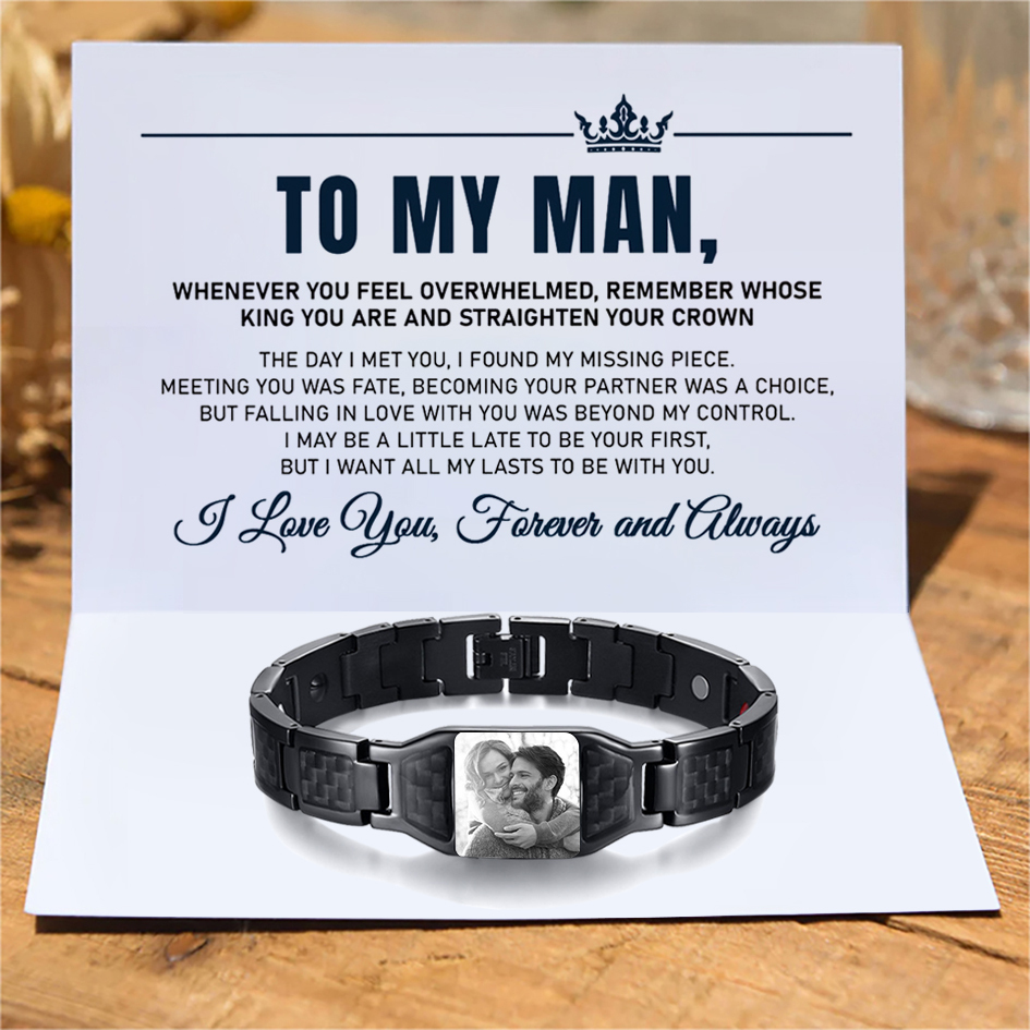 Personalized To My Man Carbon Fiber Energy Bracelet Gift Set, Custom Photo ID Bar Men's Bracelet Bangle Gifts For Him