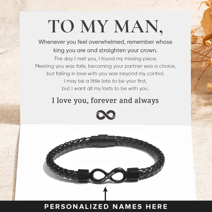 To My Man Personalized Men''s Bracelet Custom 2 Names Engraved Leather Bracelet Valentine's Day gift for Him/Her | Jessemade